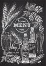 Set hand drawn sketch bottle and glasses beer, hop, wheat Vintage design bar, restaurant, cafe menu on black chalk board