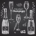 Set hand drawn sketch bottle and glasses champagne, on black chalckboard Vintage design bar, restaurant, cafe menu on white Royalty Free Stock Photo