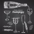 Set hand drawn sketch bottle and glasses champagne, on black chalckboard Vintage design bar, restaurant, cafe menu on white Royalty Free Stock Photo