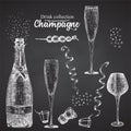 Set hand drawn sketch bottle and glasses champagne, on black chalckboard Vintage design bar, restaurant, cafe menu on white Royalty Free Stock Photo
