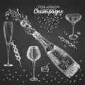 Set hand drawn sketch bottle and glasses champagne, on black chalckboard Vintage design bar, restaurant, cafe menu on white Royalty Free Stock Photo