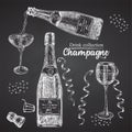 Set hand drawn sketch bottle and glasses champagne, on black chalckboard Vintage design bar, restaurant, cafe menu on white