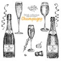 Set hand drawn sketch bottle and glasses champagne, Vintage design bar, restaurant, cafe menu on white background. Graphic vector
