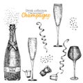 Set hand drawn sketch bottle and glasses champagne, Vintage design bar, restaurant, cafe menu on white background. Graphic vector