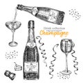 Set hand drawn sketch bottle and glasses champagne, Vintage design bar, restaurant, cafe menu on white background. Graphic vector