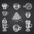 Set hand drawn sketch bottle and glasses for coffee drinks Vintage design bar, restaurant, cafe menu Chalkboard Royalty Free Stock Photo