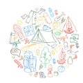 Set of hand drawn sketch camping equipment symbols and icons. Vector illustration.