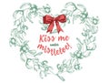 Set of hand drawn sketch Christmas traditional branch decoration with satin bow and text Kiss me under mistletoe Royalty Free Stock Photo