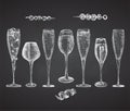 Set hand drawn sketch glasses for alcoholic drink. Champagne. Vintage design bar, restaurant, cafe menu Chalkboard Royalty Free Stock Photo