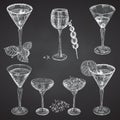 Set hand drawn sketch glasses for alcoholic drink. Champagne. Vintage design bar, restaurant, cafe menu Chalkboard Royalty Free Stock Photo