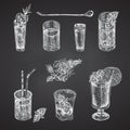 Set hand drawn sketch glasses for alcoholic drink Vodka, whiskey, wine Vintage design bar, restaurant, cafe menu Royalty Free Stock Photo