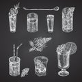 Set hand drawn sketch glasses for alcoholic drink Vodka, whiskey, wine Vintage design bar, restaurant, cafe menu