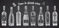 Set hand drawn sketch glasses bottle red wine, champagne on chalckboard background. Vintage vector design for bar