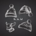 Set Hand drawn sketch santa hat and fur scarf. Chalk graphic Engraving art isolated on chalkboard background. Christmas