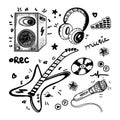 A set of hand-drawn sketch-style musical elements. Electric guitar, subwoofer. Headphones, microphone, CD, audio, sheet