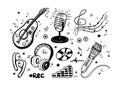 A set of hand-drawn sketch-style musical elements. Guitar or ukulele. Headphones, microphones, CD, audio, violin key Royalty Free Stock Photo