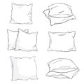 Set hand-drawn sketch style pillows - one, two, stack of four, hand holding pile of three pillows, vector illustration