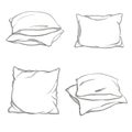 Set hand-drawn sketch style pillows - one, two, stack of four, hand holding pile of three pillows, vector illustration