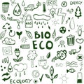 Set hand drawn sketch on the theme of ecology. Doodle set of symbols the protection of the environment.Vector illustration of