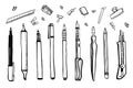 Set of hand drawn sketch vector artist materials. Black and white stylized illustration with drawing tools. Pens, pencils, markers