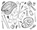 Set of hand drawn sketch vector artist materials. Black and white stylized illustration with paint tools