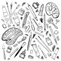 Set of hand drawn sketch vector artist materials. Black and white stylized illustration with painting and drawing tools Royalty Free Stock Photo