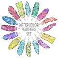 Set of hand drawn sketch watercolor feathers.