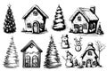 set hand drawn sketches. Cute cottage Christmas tree