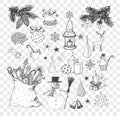 Set of hand-drawn sketchy christmas elements. Doodle sketch vector illustration. Candles, gift boxes. snowmen, pomanders