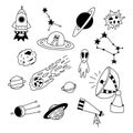 Set of hand drawn space elements. Vector illustration in doodle style. Isolated on a white background. Alien, stars, rocket,