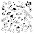 Set of hand drawn space elements. Vector illustration in doodle style. Isolated on a white background. Alien, stars, rocket,