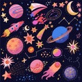 Set of hand-drawn space elements, planets, stars, comets, constellations Royalty Free Stock Photo