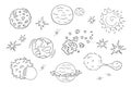 Set of hand-drawn space objects: planets, stars, comets, sun and so on. Collection of cosmic bodies of the universe.Doodle style, Royalty Free Stock Photo