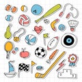 Set of hand drawn sport elements. Sport equipments icons collection. Fitness, healthy lifestyle. Stickers