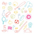 Set of hand drawn sport elements. Sport equipments icons collection. Fitness, healthy lifestyle