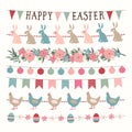 Set of hand drawn spring, Easter garlands with lights, party bunting flags. Hand drawn web banners, borders with rabbits Royalty Free Stock Photo