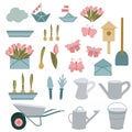 Set of hand drawn spring and summer garden elements. Isolated objects on a white background. Gardening tools