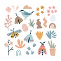 Set of hand drawn spring or summer nature elements, animals. Colorful flowers, butterflies and moth. Abstract shapes