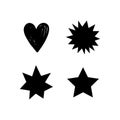 Set of hand drawn stars and hearts. Black grungy elements. Brush strokes and splatter. Vector illustration. Royalty Free Stock Photo