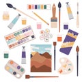 Set of hand drawn stickers with art supplies. Paint brush, pencil, tubes, paints, palette.  Concept of creativity and handmade. Royalty Free Stock Photo