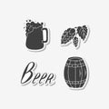 Set of hand drawn stickers with beer mug, hop branch, sign and barrel. Templates for design or brand identity Royalty Free Stock Photo