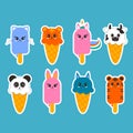 Set of hand-drawn stickers different ice cream kawaii animal shaped flat design