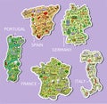 Set of hand drawn stickers. Germany, Spain, Italy, Portugal, France. Doodle maps with main cities, symbols and