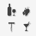 Set of hand drawn stickers with wine bottle and glass, grape bunch, cocktail and corkscrew. Templates for design or brand identity