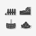 Set of hand drawn stickers with wooden fence, straw basket, eggs in nest and farm field with house