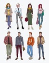 Set of hand drawn stylish young people at street. Collection fashion, trendy youth. Colorful illustration. Royalty Free Stock Photo