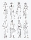Set of hand drawn stylish young people at street. Collection fashion, trendy youth. Contour illustration.