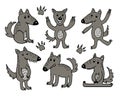 set of hand-drawn stylized funny wolves, for coloring