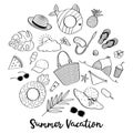 Set of hand drawn summer beach items. Black sketch in the shape of a circle on a white background. Royalty Free Stock Photo