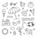 Set of Hand drawn Summer doodles. Hand sketched summer icons illustrations. Vector illustration.